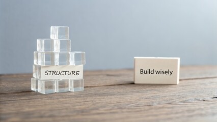 Transparent building blocks forming the word structure with a message to build wisely in a thoughtful concept of development