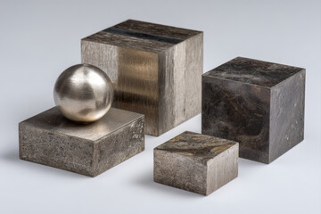 Mixed brushed and polished silver geometric shapes arranged with equal spacing on white background
