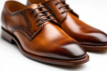 Brown leather lace-up shoes with blank tag on seamless white background