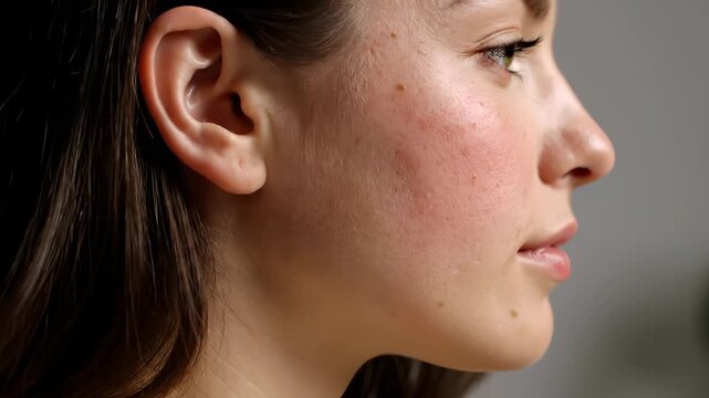 Woman shows acne scars on facial skin in profile view. Female cheek displays skin texture with acne marks. Woman face reveals scars and blemishes. Profile closeup shows female acne and skin issues.