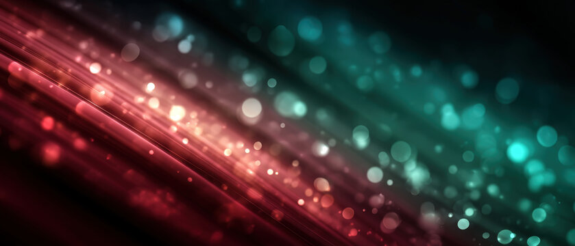 Crimson and teal bokeh lights form a dynamic diagonal path with a clean margin and soft fog