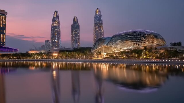 Modern cityscape at dusk buildings illuminated reflecting in water
