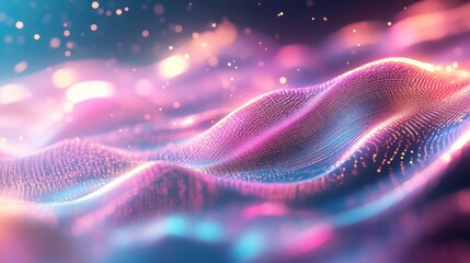 Abstract digital waves of pink and blue glowing particles