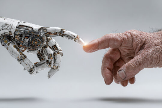Robot hand reaching to touch human fingertip on white background with copy space