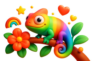 Cute rainbow chameleon on tree branch with hearts, flower, and rainbow, cartoon style, isolated on white background, concept of colorful animal joy. Ai generative