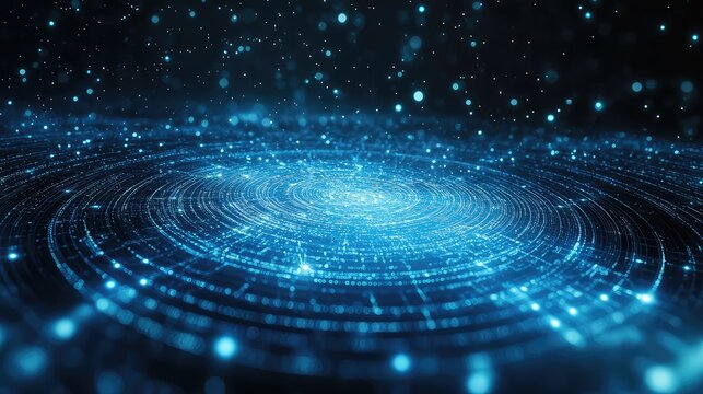 Digital data vortex organizing radiating particles on dark background