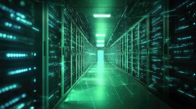 Server racks in data center handling vast digital information