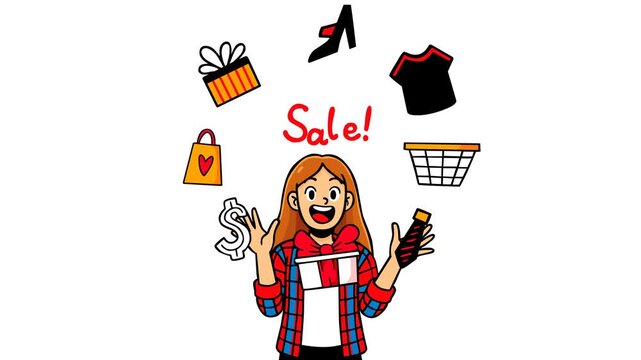Animated scene of an excited girl celebrating a big sale surrounded by shopping icons, gifts, fashion items, and discount symbols. Perfect for promo videos, online stores, marketing campaigns, and hol