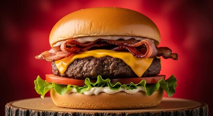 A gourmet bacon cheeseburger with a rich red background, showcasing crispy bacon and melted cheese
