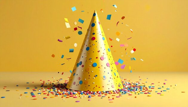 Party Hat Surrounded by Colorful Confetti on a Yellow Background Creates a Cheerful Atmosphere.