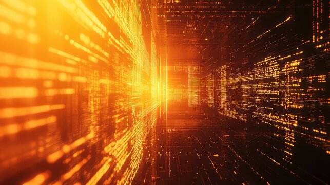 Digital data flowing through abstract orange cyberspace tunnel