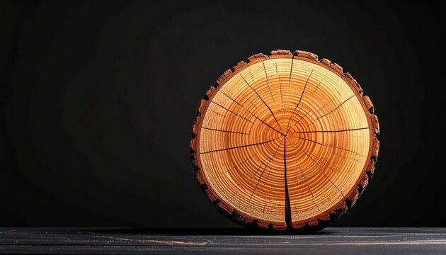 Cross Section of a Tree Trunk Revealing Annual Rings with Natural Wood Texture and Patterns on a Dark Surface.