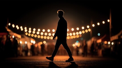 Silhouette of young man walking through night market with warm festive bokeh lights background