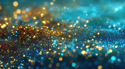 Golden and blue glitter particles forming abstract bokeh waves
