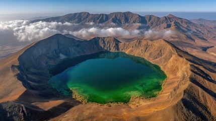 Breathtaking aerial view of emerald green crater lake surrounded by majestic volcanic mountains