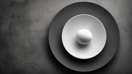 Minimalist black and white still life with white sphere on plates over dark textured background