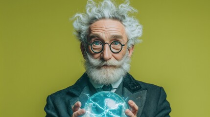 Elderly Caucasian man with wild white hair and glasses holds a glowing globe with electric energy. He wears a dark coat against a bright green background.