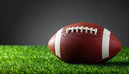 Fototapeta premium American Football Close Up on Artificial Turf Ready for the Game Sports Equipment Game Day Vibe High Angle View.