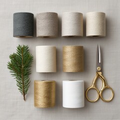Elegant flat lay with neutral twine spools for Christmas gift wrapping and vintage gold scissors