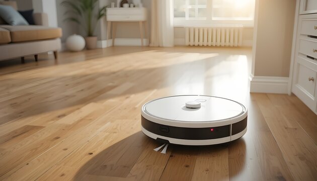 Effortless cleaning with a modern robot vacuum navigating a bright, sunlit home – simplifying chores and showcasing a clean, contemporary lifestyle now