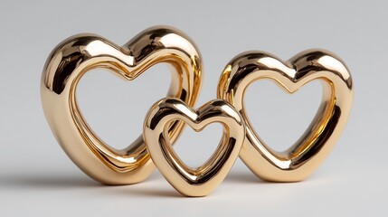 Three golden heart-shaped decorations of varying sizes arranged together. The hearts have a shiny finish and smooth edges, symbolizing love and affection.