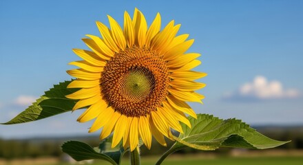 Radiant sunflower in full bloom against a clear blue sky evoking feelings of summer warmth and