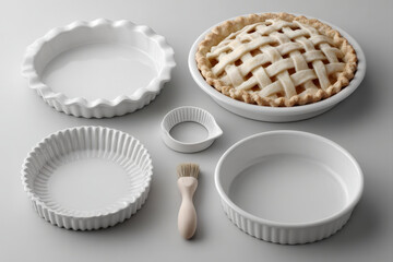 Baking tools for tarts and pies arranged neatly on a white background with soft shadows