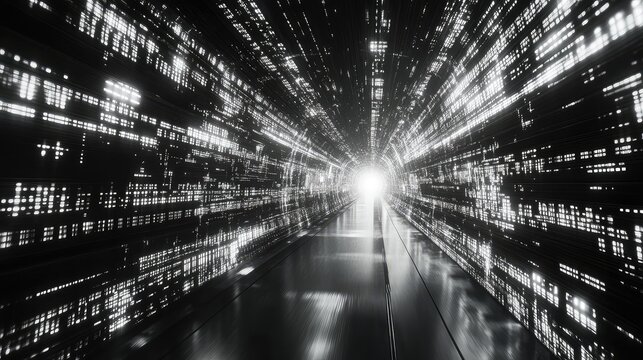 Digital data flowing through abstract light tunnel