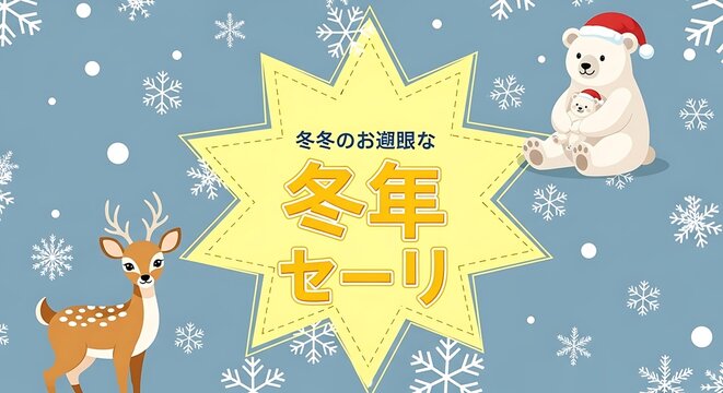 Winter sale banner with polar bear, reindeer and snowflakes on blue background