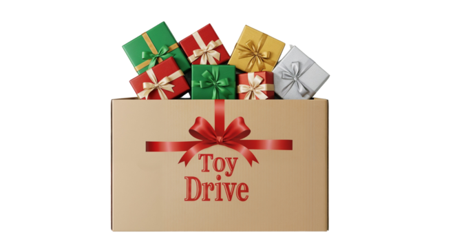 Christmas gift donation box with wrapped presents for Toy Drive  