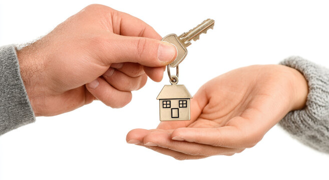 Man handing house-shaped key to woman symbolizing new home ownership