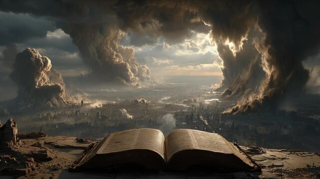 Apocalyptic Vision: Open Book Overlooking Destroyed City with Towering Storm Clouds and Dramatic Lighting, Symbolizing Prophecy and End Times.