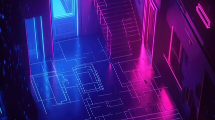 Futuristic city street with neon light glowing