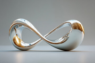 Abstract liquid chrome wave sculpture floating on a minimalistic grey background