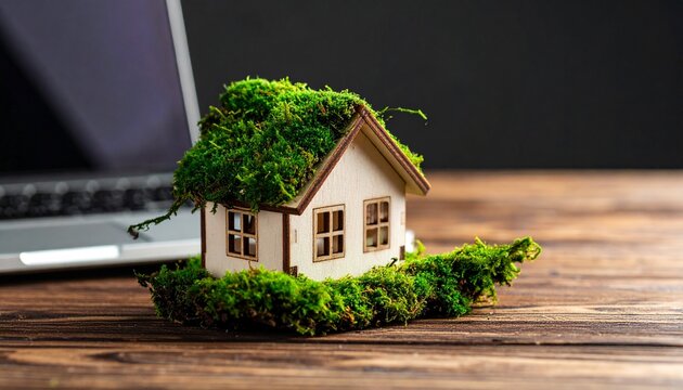 Eco Friendly Home Concept with a House Covered in Moss on a Wooden Table near a Laptop.
