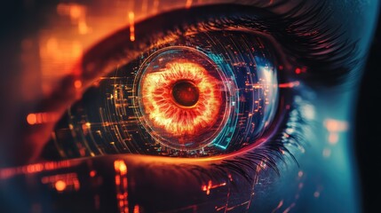 Digital bionic eye scanning red futuristic data