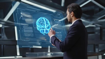 Man Interacting with Futuristic Holographic Interface Displaying Human Brain, Analyzing Data for Neuroscience, Artificial Intelligence, and Medical Research - Powered by Adobe