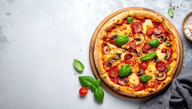 Freshly baked pepperoni pizza with mushrooms and basil on wooden board a culinary delight for food enthusiasts.