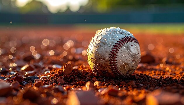 Wet baseball on infield dirt under warm sunlight reflecting off water droplets for use in sports related stock photography.
