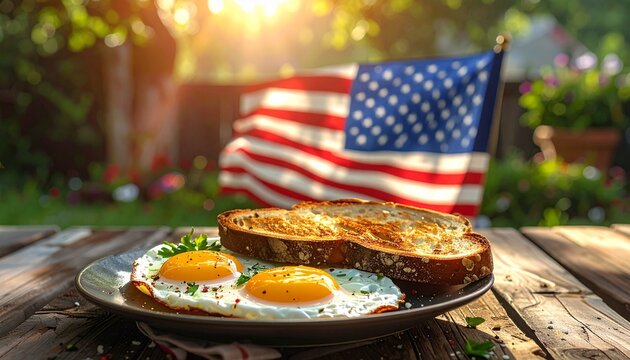 American Breakfast Still Life in Garden Setting with Toast and Fried Eggs on Rustic Wood Table.
