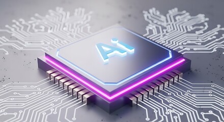 Close up of a modern microchip with ai text and neon lights on gray surface