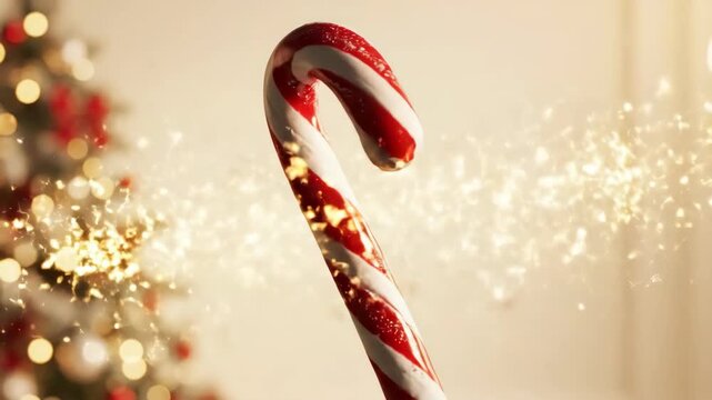Close up of a striped candy cane with sparkling lights in the background. Holiday sweet treat concept for Christmas celebration.