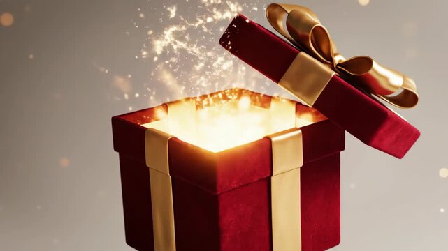 Red christmas gift box opening with magical golden light and sparkling particles for holiday celebration reveal concept.
