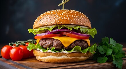 Classic cheeseburger with fresh ingredients and a side of cherry tomatoes and parsley, presented on a wooden board