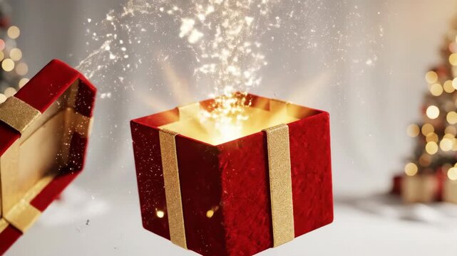 Red gift box opening with magical glow, light particles, and sparkles in a festive Christmas setting with decorated trees.