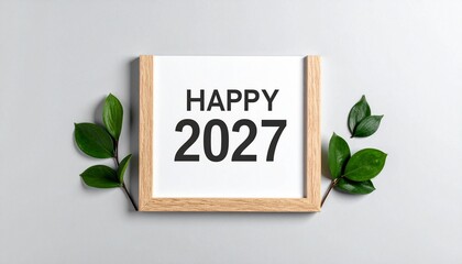 Happy 2027 Minimalist Frame with Green Leaves on Neutral Background for Eco Friendly New Year Celebration and Environment Awareness.
