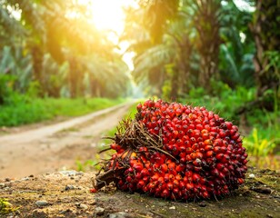 Cluster of red fruits rests on ground along a dirt road through tropical forest