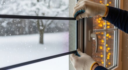 Person sealing window during winter snowfall with decorative lights  