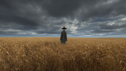 Scarecrow stands guard in golden wheat field under dramatic stormy sky, creating a sense of foreboding and isolation in the rural landscape.