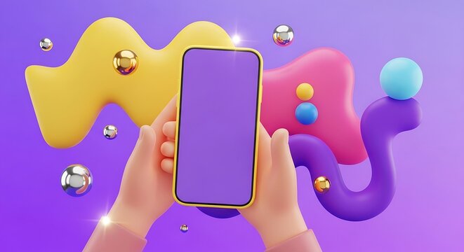 Hand holding smartphone with blank screen on abstract colorful background